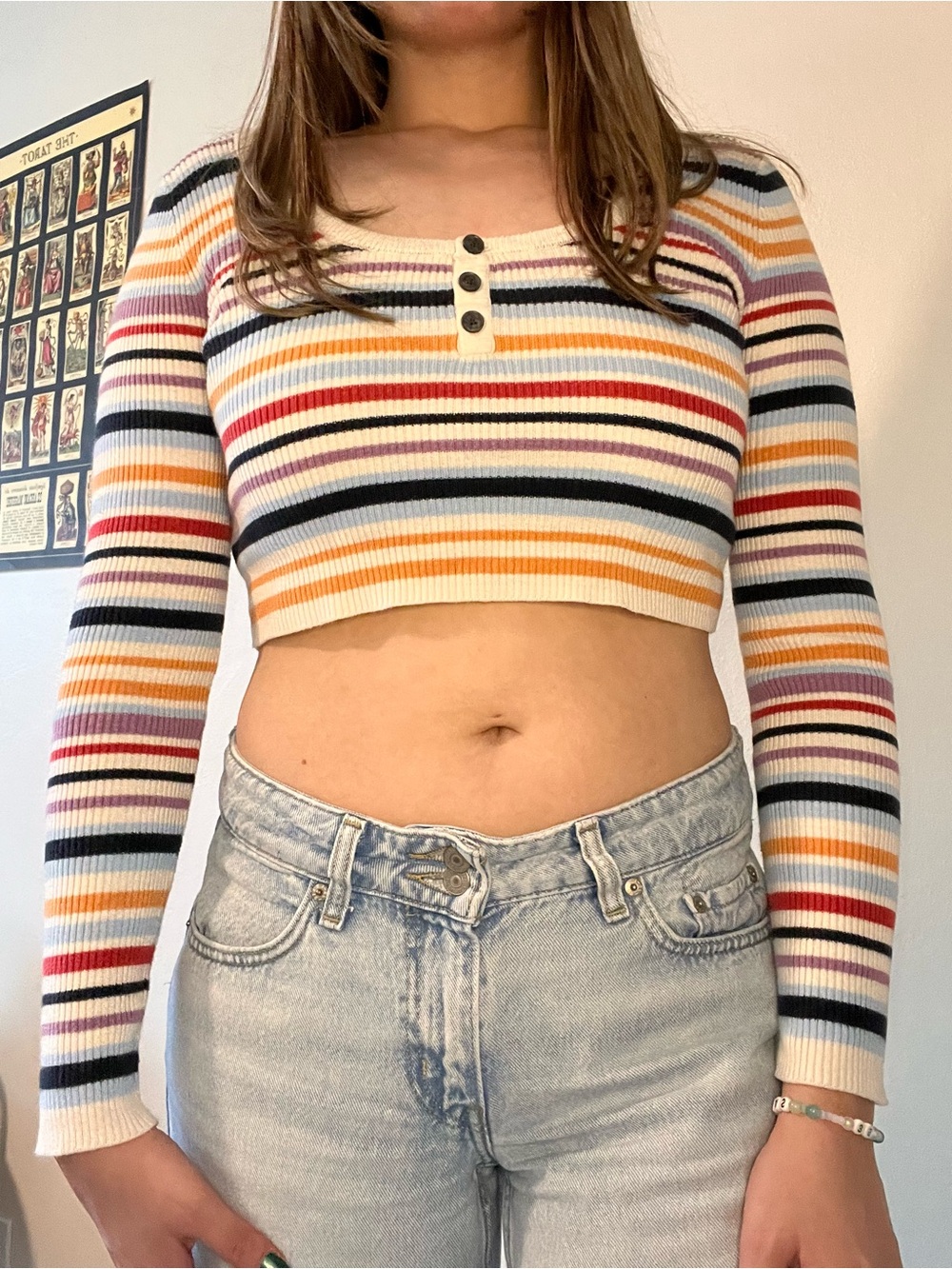 Striped Ribbed Long-Sleeve Cropped Top in Multicolor